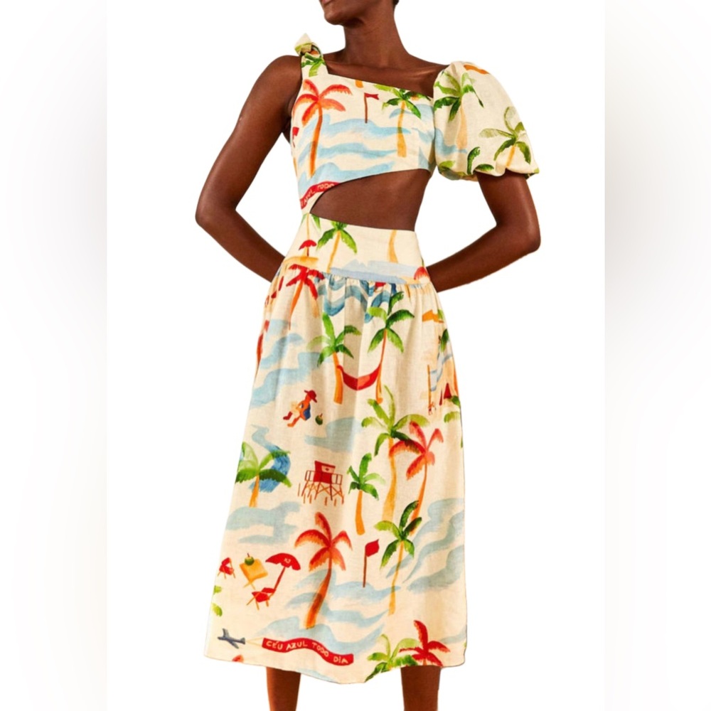 NWT FARM RÍO Copacabana Tropical Linen Blend Resort Vacay Midi Dress Size L